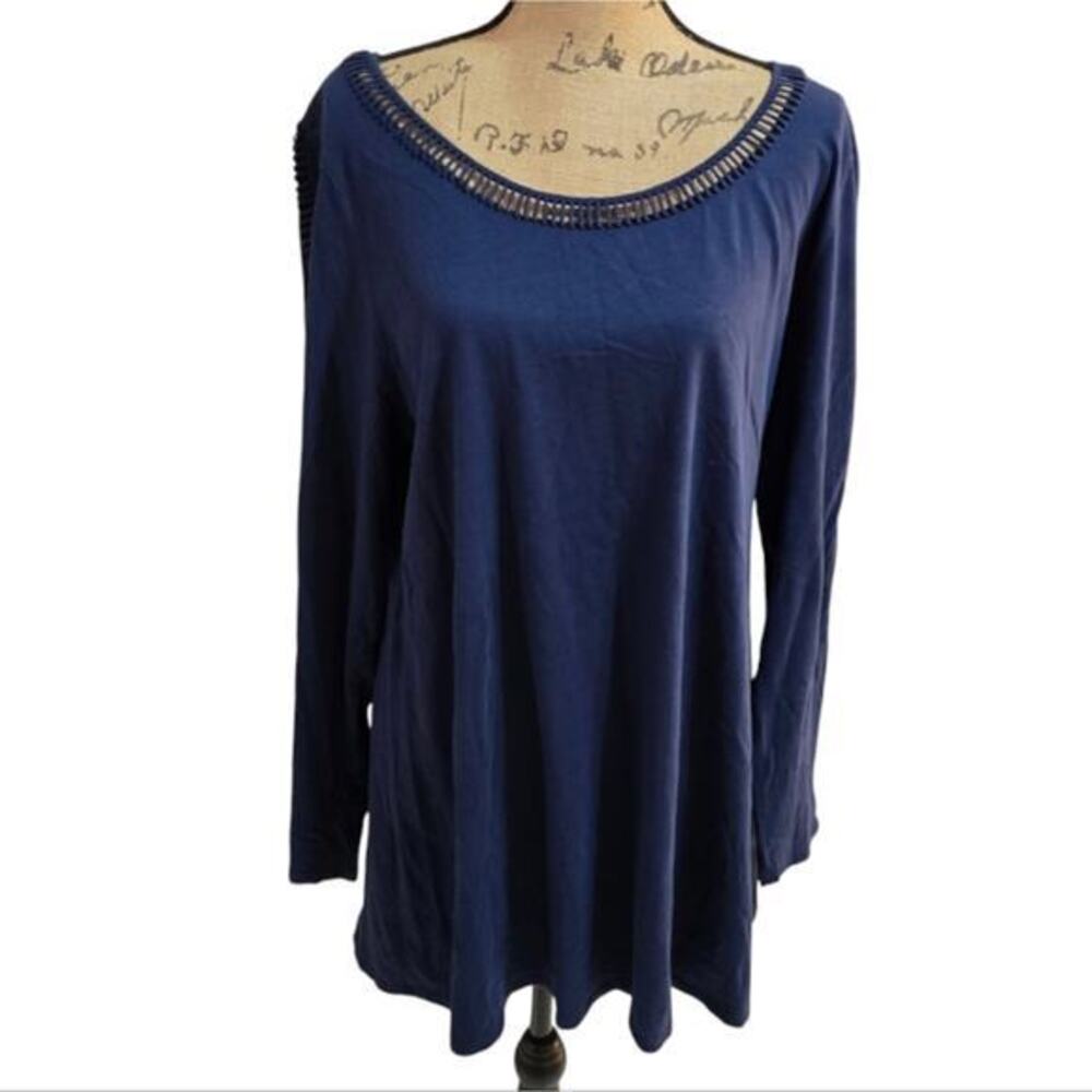 Soft Surroundings Navy Blue Crochet Detail Long Tunic Length Shirt Size XL